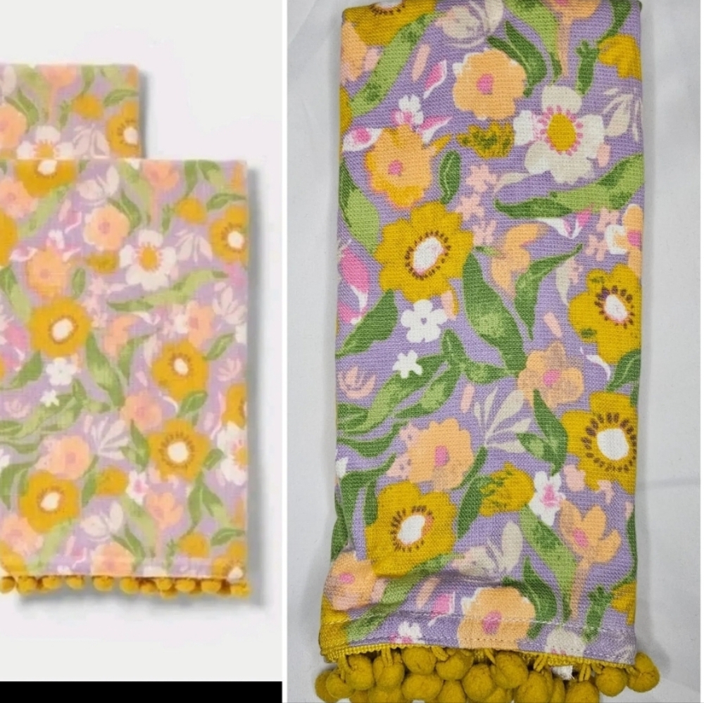 SET 2 Threshold Easter           Floral Patterned Towel with Pom  Pom Trim